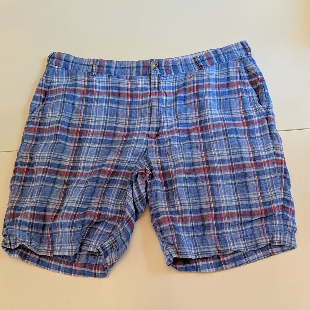 Peter Millar 100% Linen Plaid Shorts Men's Size 38 Blue Red Casual Golf‎ Preppy